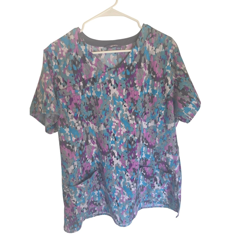 Carhartt Force Womens XL Scrub Top V-Neck Abstract Camo Purple Teal Blue
